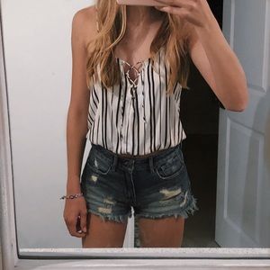 Black and White Striped Lace Up Tank